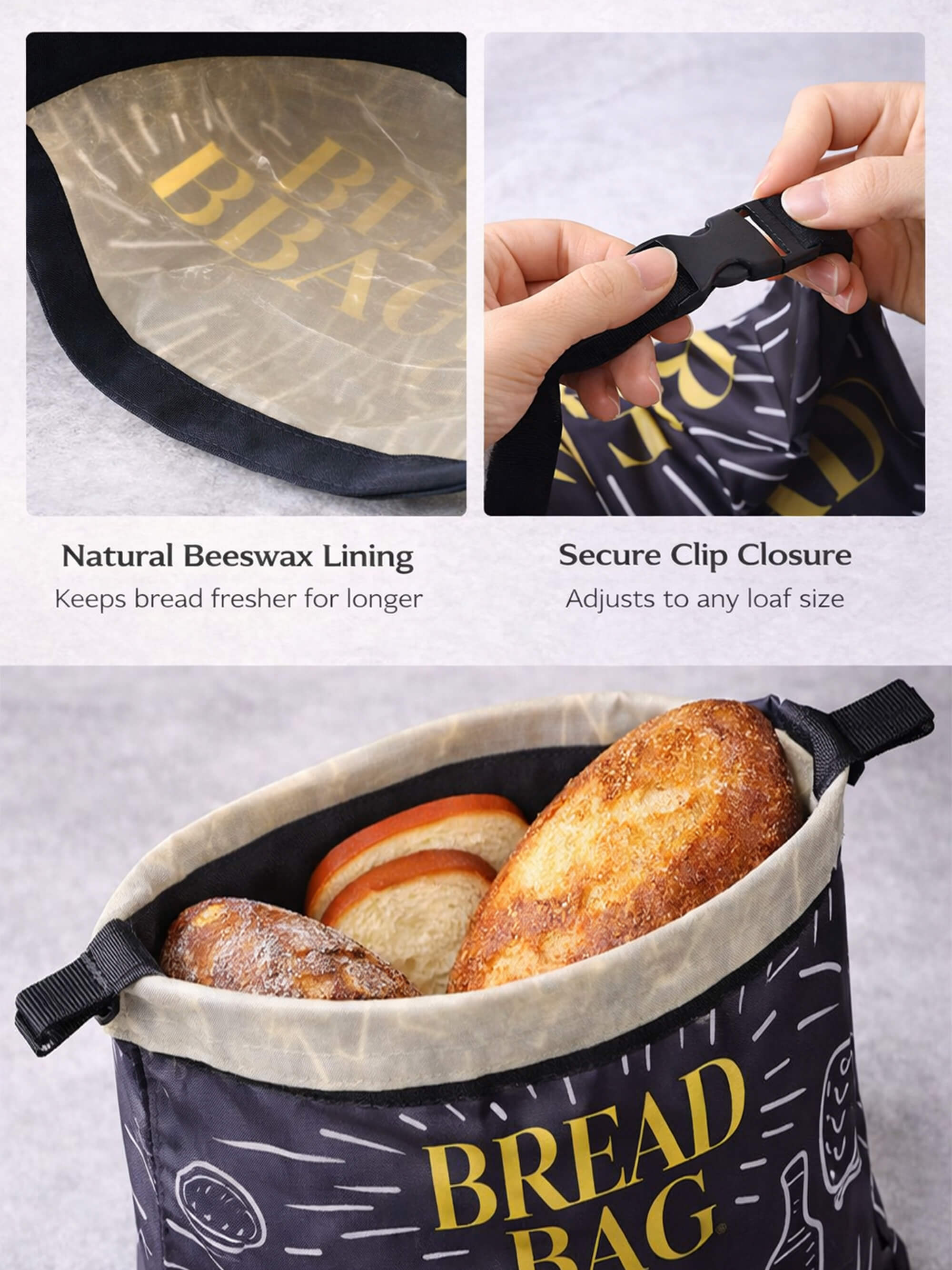 Beeswax bread bag with natural lining and clip closure for keeping homemade bread fresh
