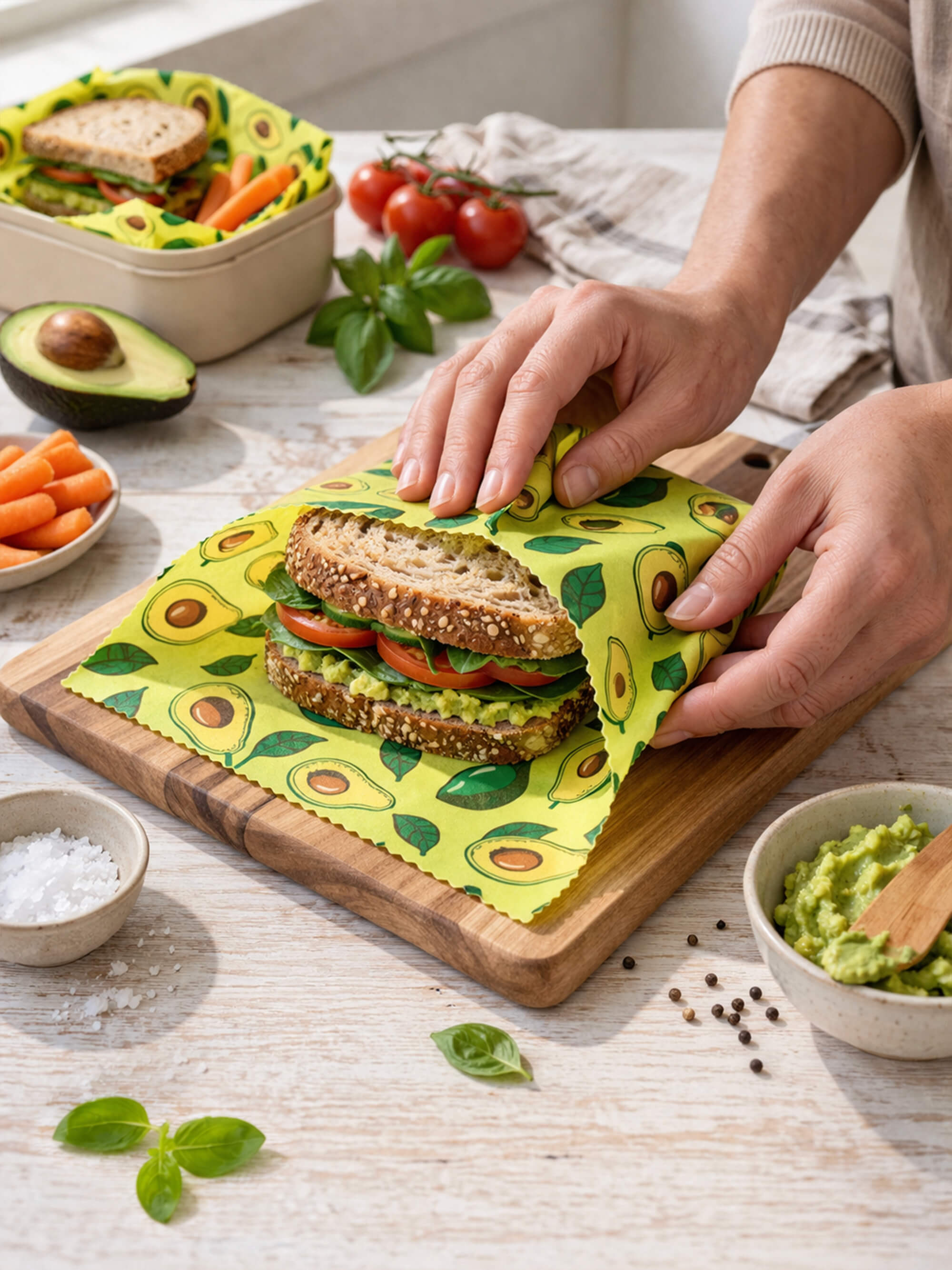 Avocado beeswax wrap roll wrapping sandwich reusable food wrap alternative to cling film