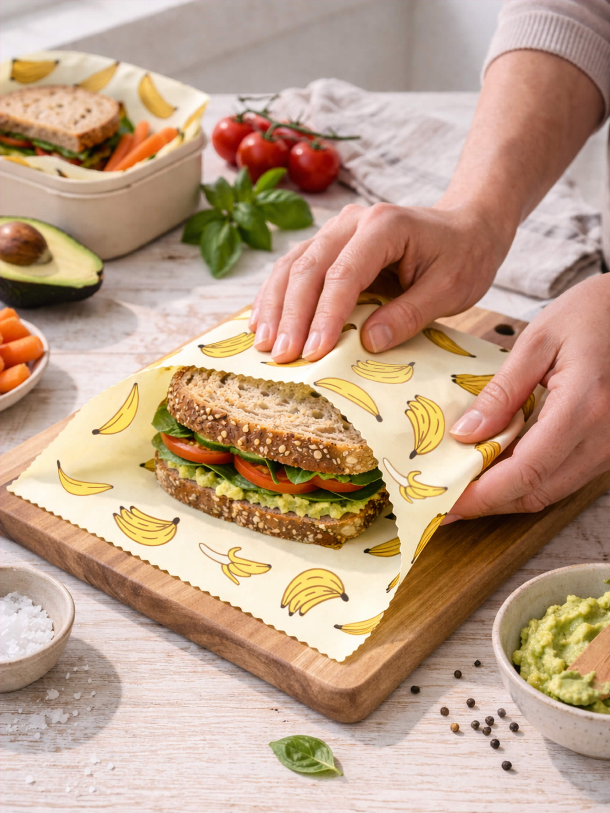 Banana beeswax wrap roll used for wrapping sandwich eco-friendly reusable food wrap