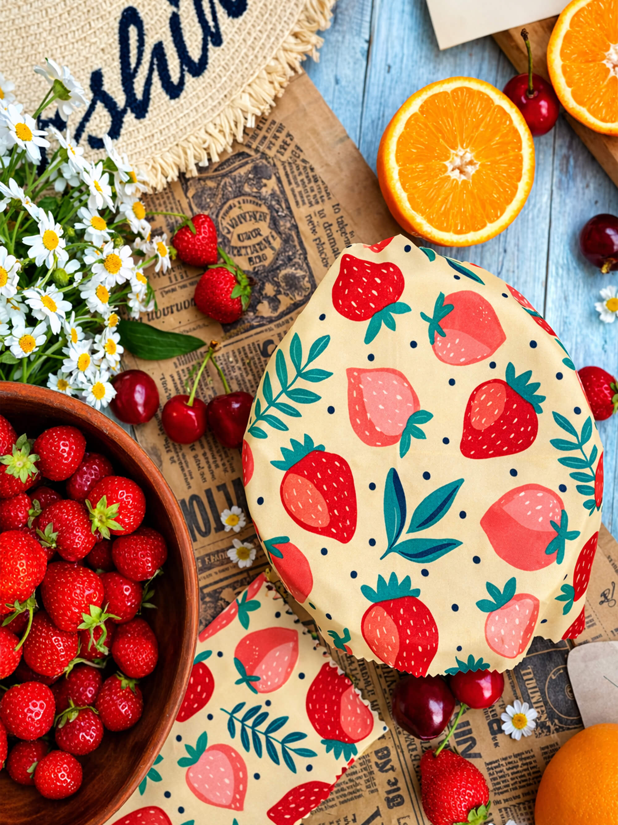 Reusable beeswax food wraps lifestyle image showing plastic free food storage