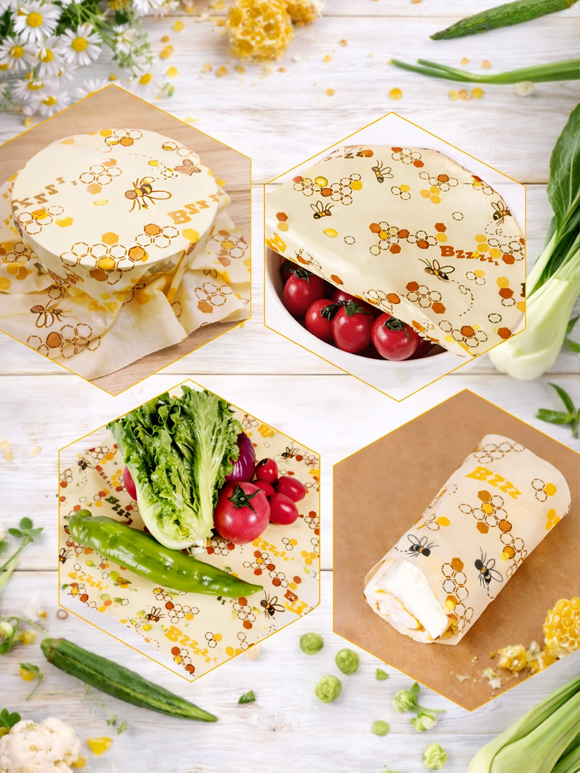 Reusable beeswax food wraps used for sandwiches fruit and bowls