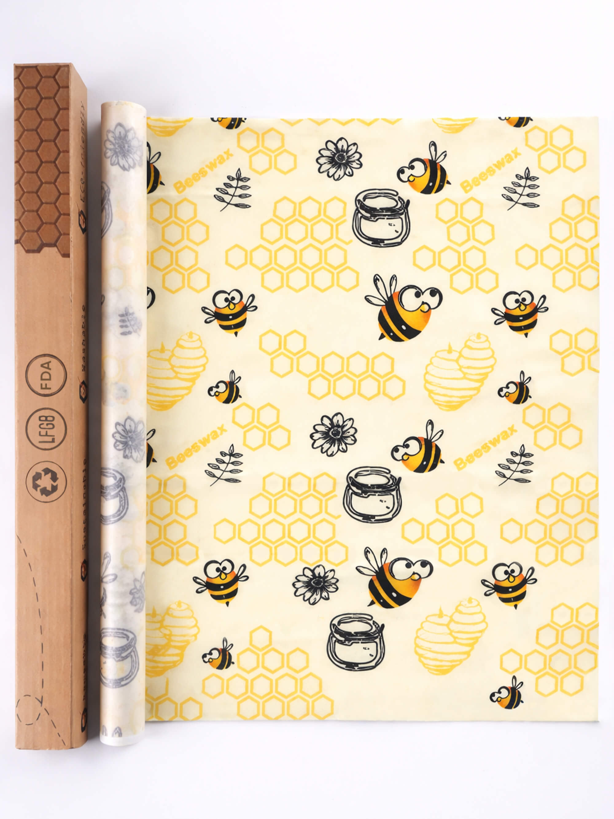 Honey bee beeswax wrap roll 3 pack cut to size reusable food wrap with bee pattern
