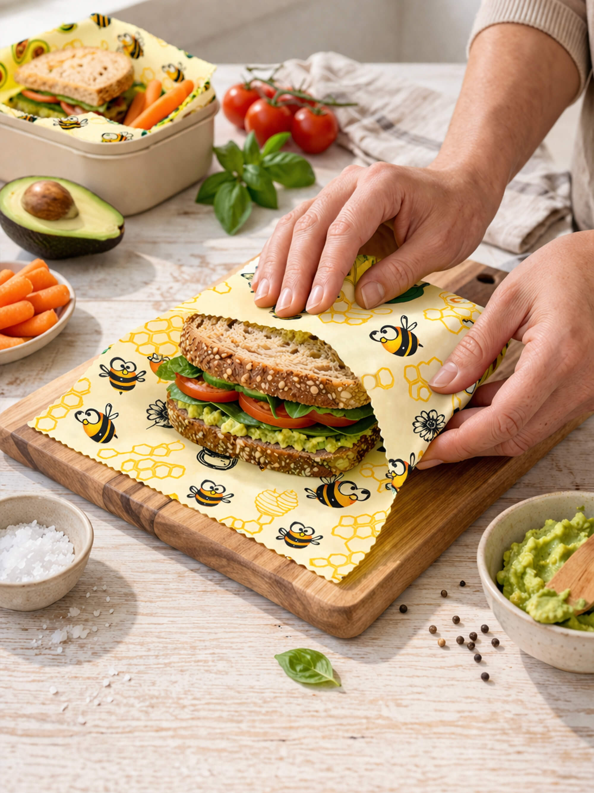Honey bee beeswax wrap roll used to wrap sandwich with eco-friendly food storage alternative