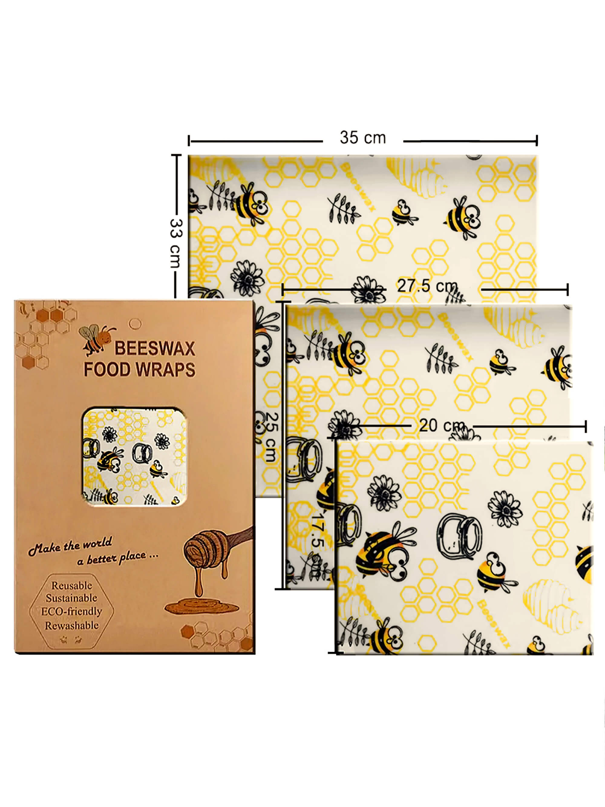 Reusable Beeswax Wrap Set - Bee & Hex Pattern (Mixed Sizes)