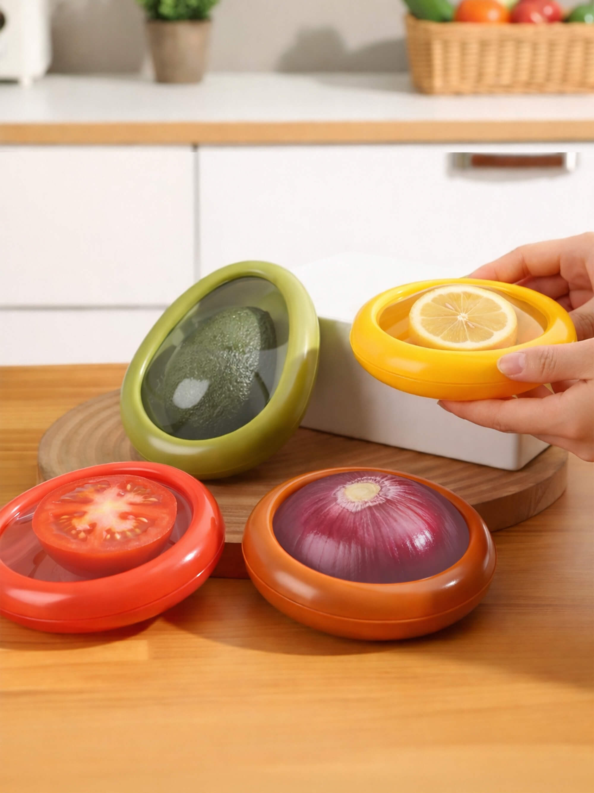 Reusable silicone fruit and vegetable saver set including avocado, lemon, onion and tomato storage containers in kitchen setting