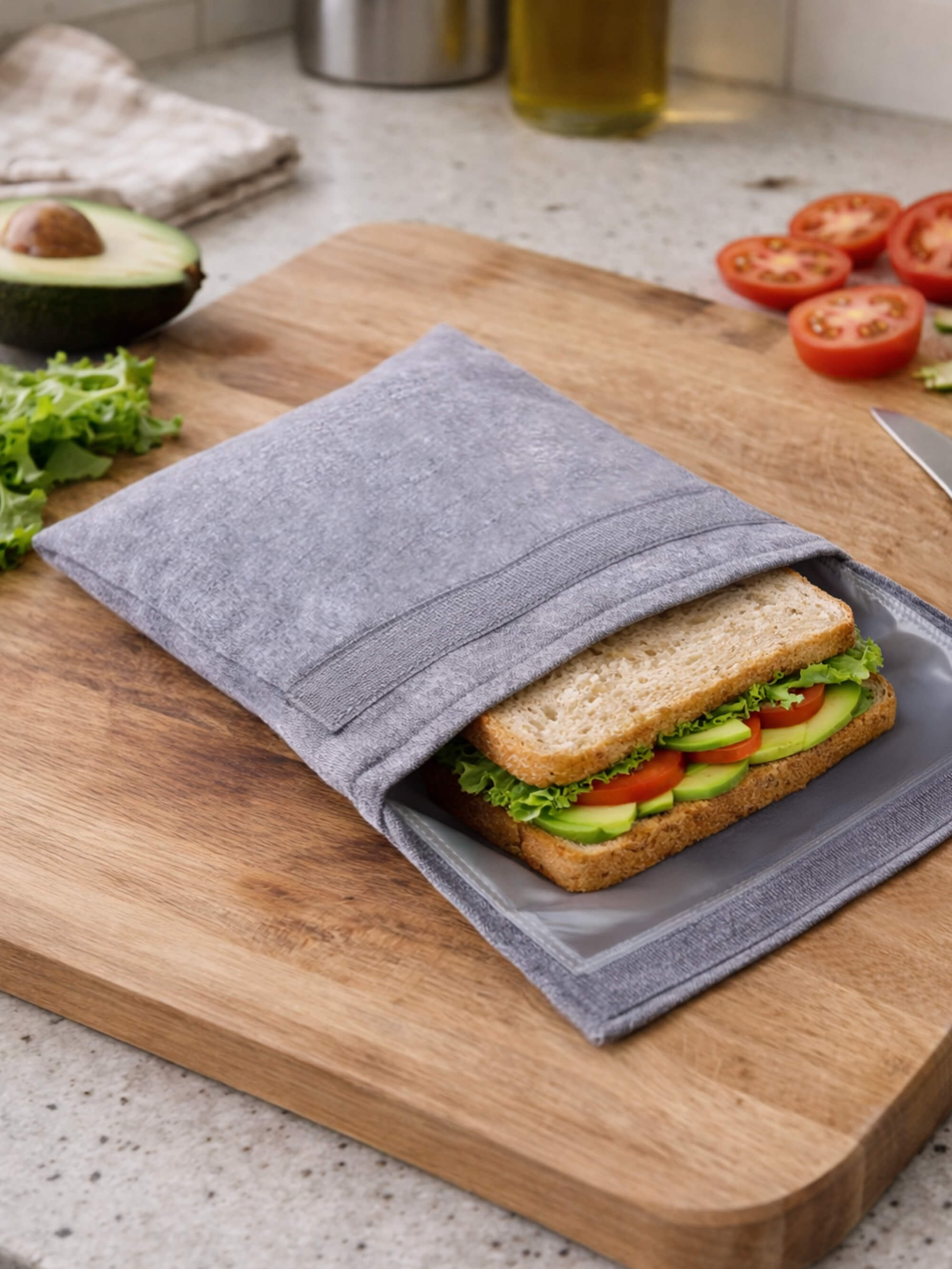 reusable sandwich bag grey storing sandwich on kitchen board