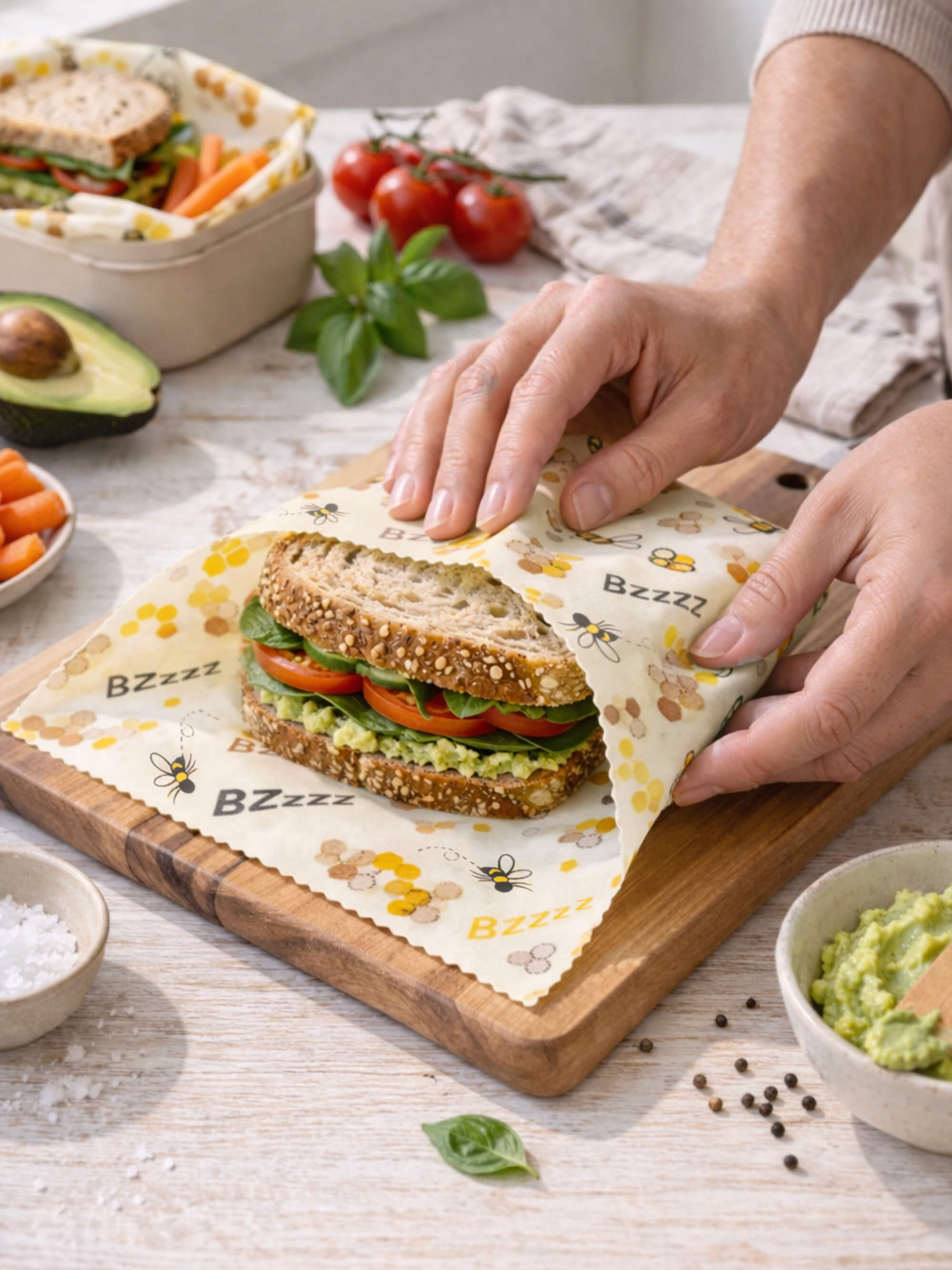 Honeycomb beeswax wrap roll wrapping sandwich sustainable alternative to plastic wrap