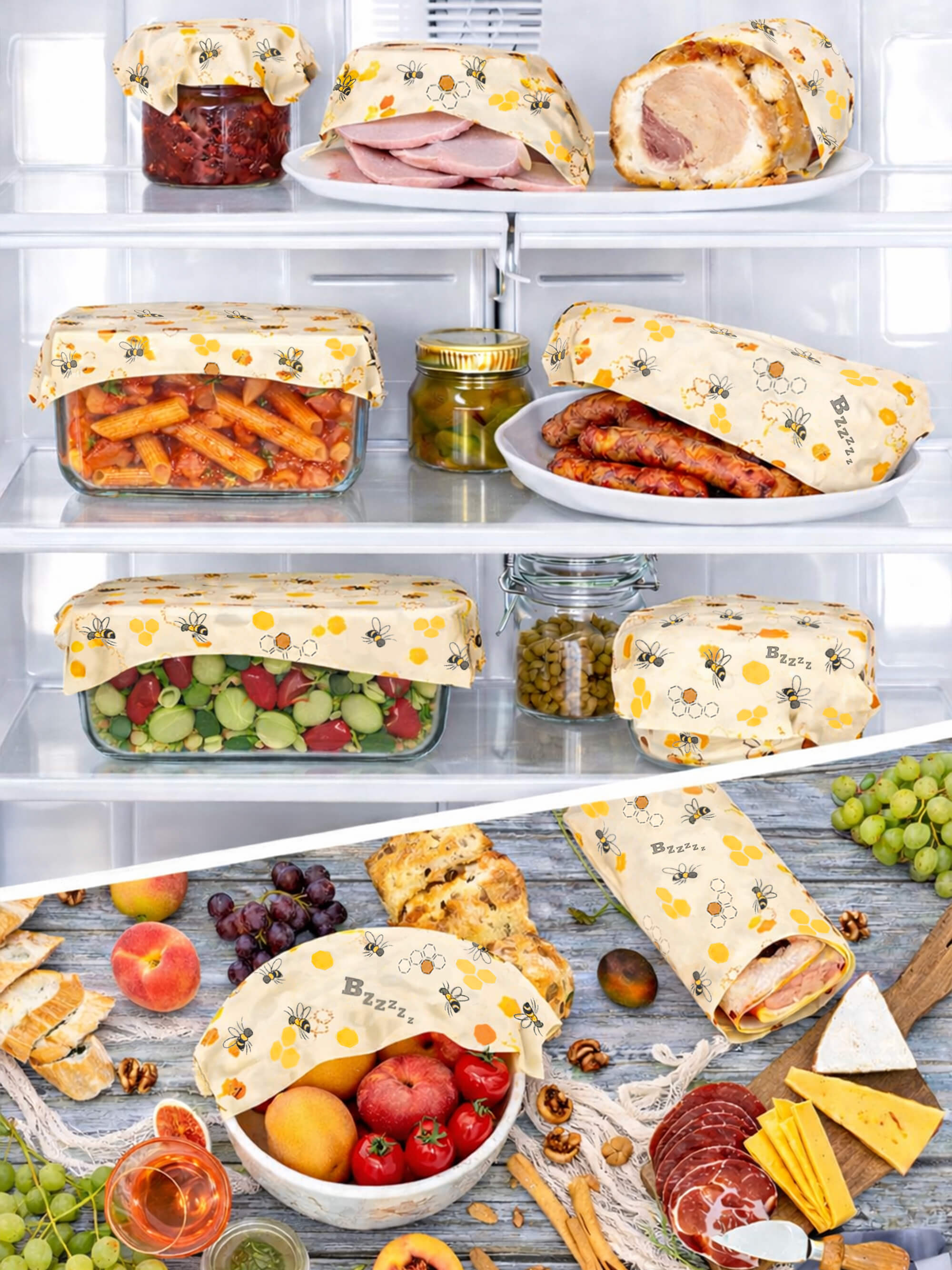Reusable honeycomb beeswax food wraps used for fridge food storage
