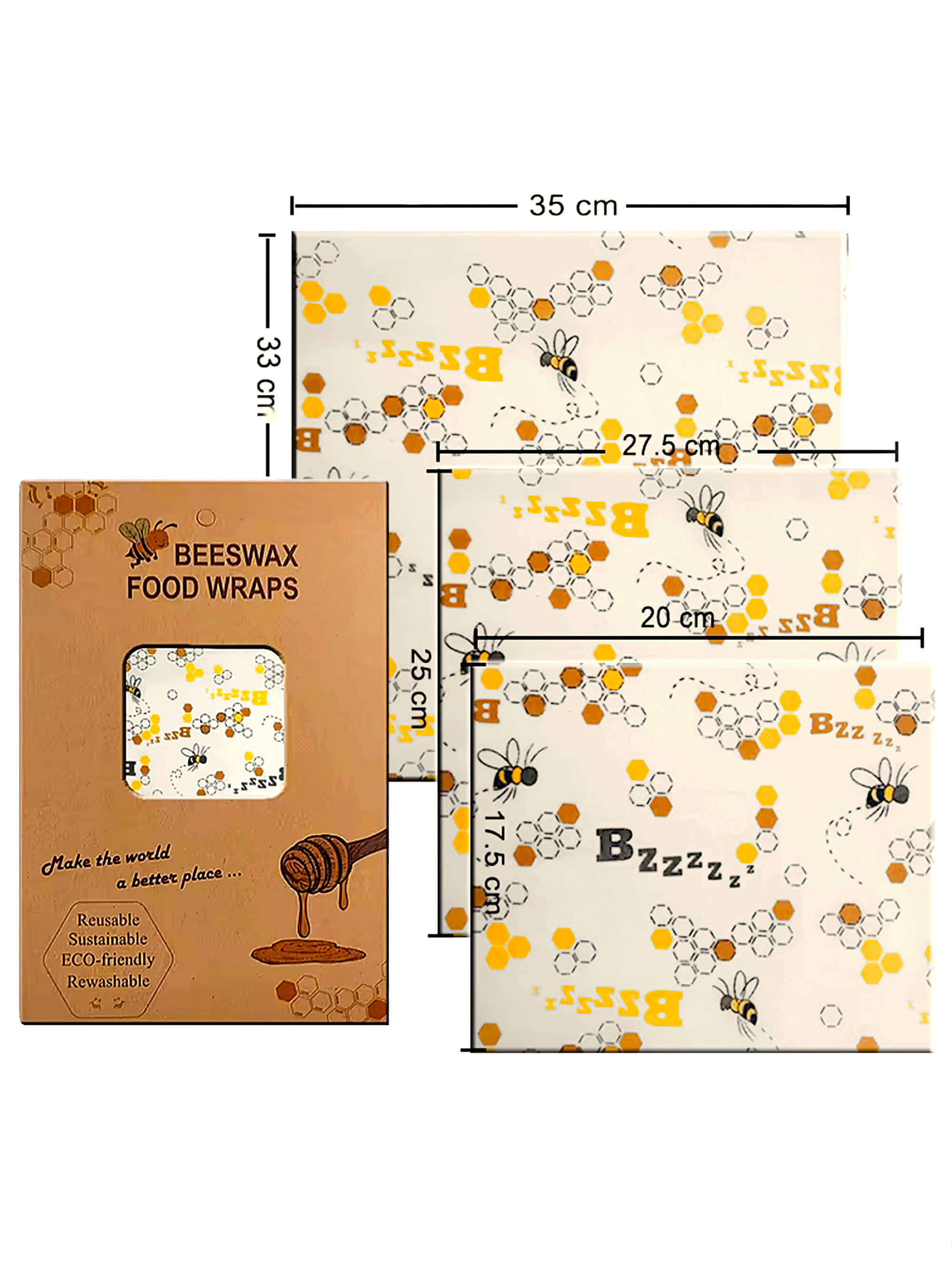 Reusable Beeswax Wrap Set - Yellow Bee & Honeycomb Print (Mixed Sizes)