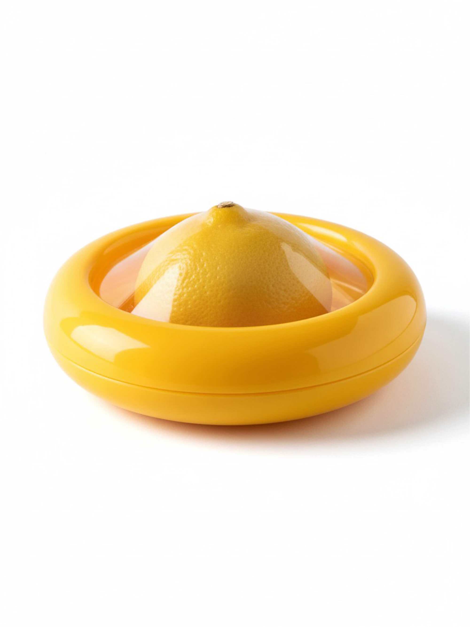 Reusable silicone lemon saver container holding half lemon with flexible seal lid on white background