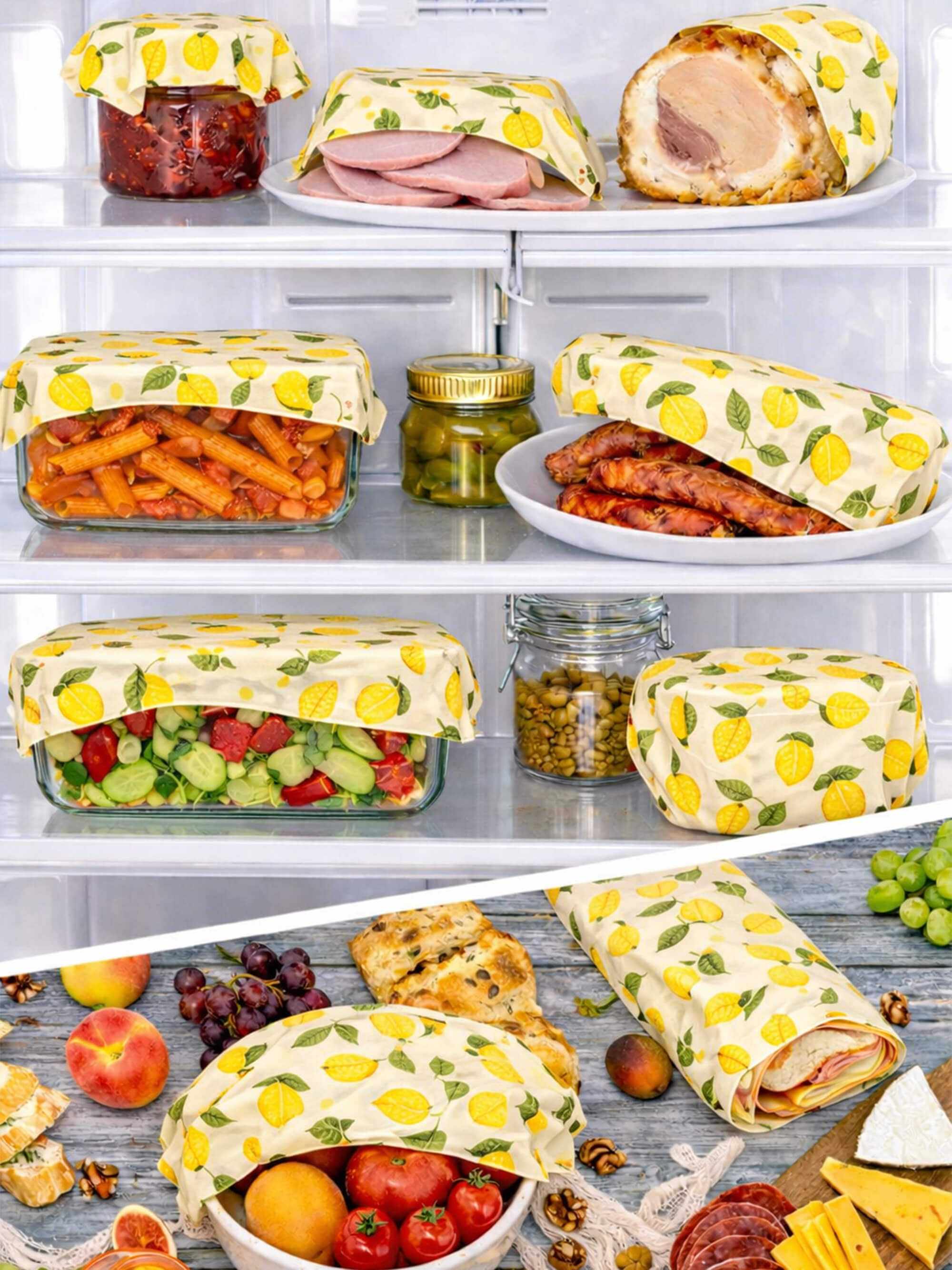 Reusable beeswax food wraps covering fruit and bowls in fridge storage