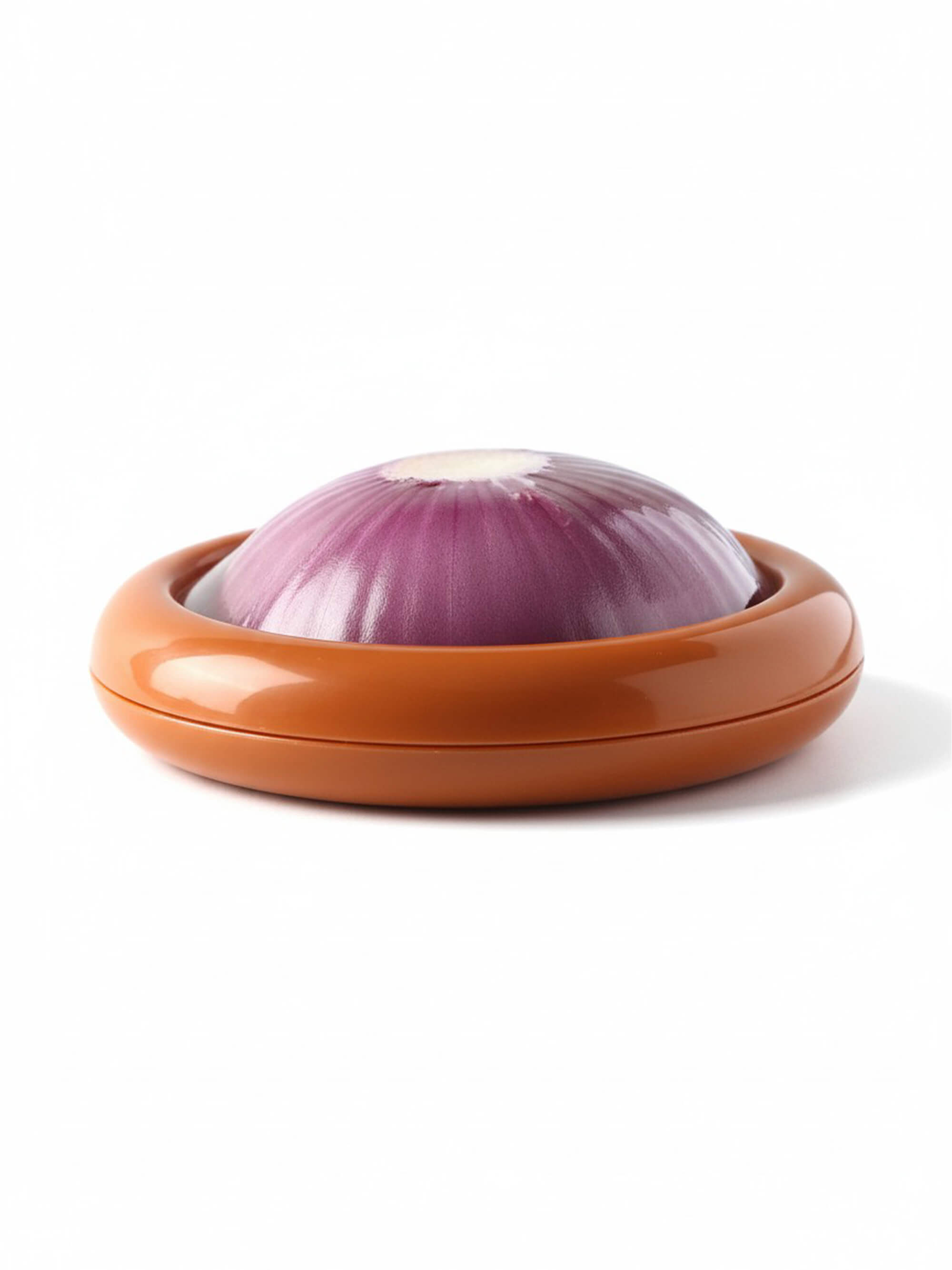 Reusable silicone onion saver container storing half red onion with flexible seal lid on white background