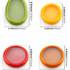 Silicone fruit saver container size guide showing avocado, lemon, tomato and onion storage designs with measurements in inches and centimetres, including thickness detail for reusable food storage containers
