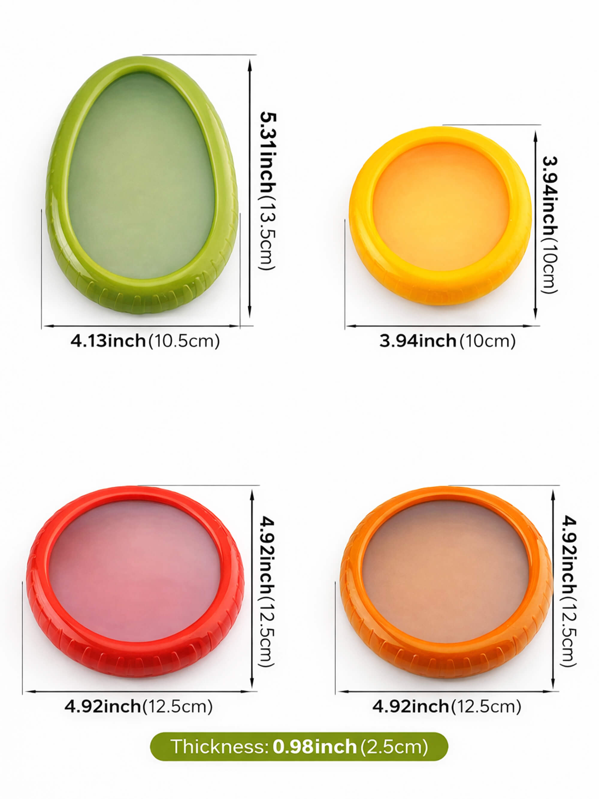 Silicone fruit saver container size guide showing avocado, lemon, tomato and onion storage designs with measurements in inches and centimetres, including thickness detail for reusable food storage containers