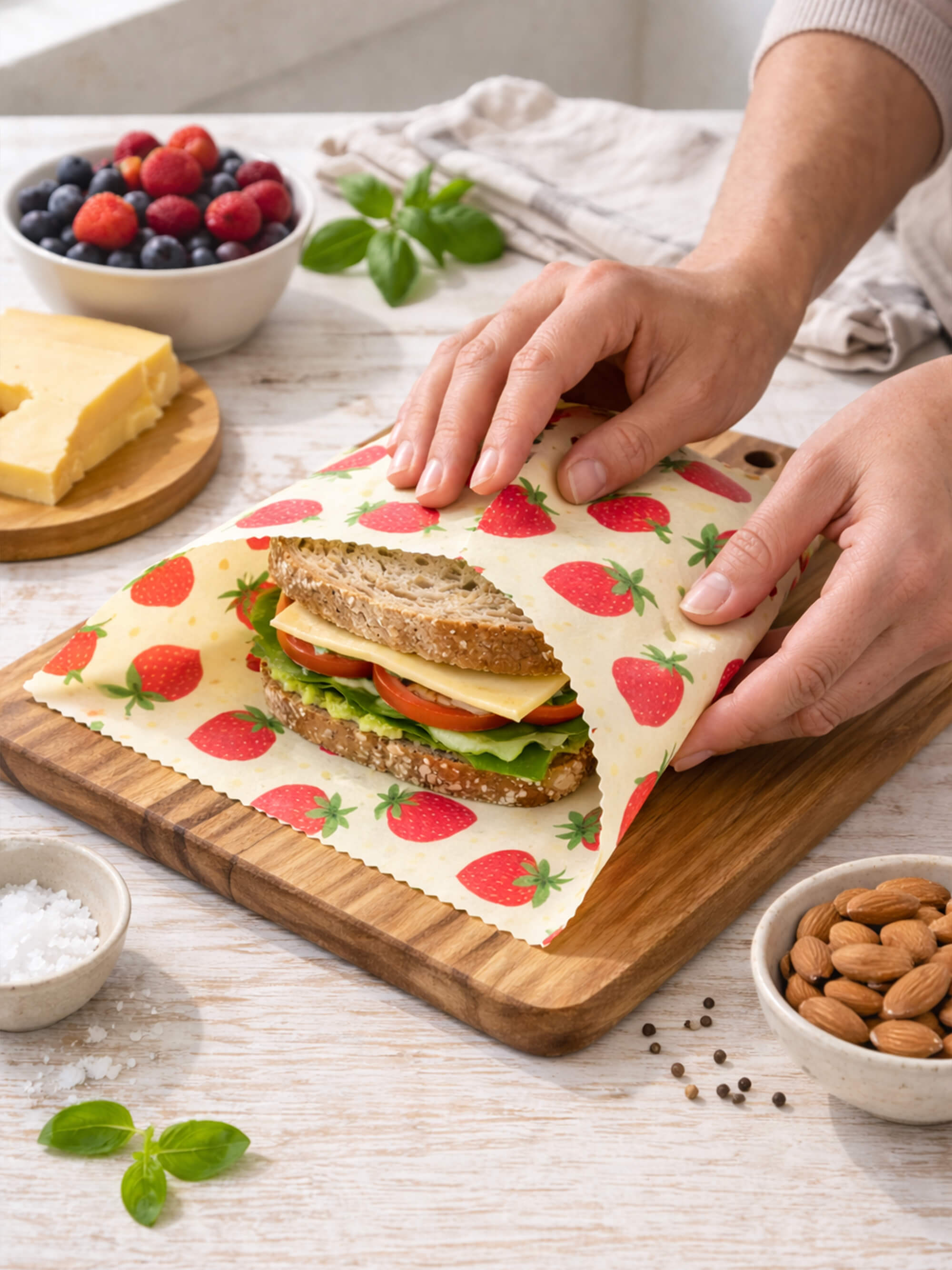 Reusable beeswax wrap roll with strawberry pattern wrapping fresh sandwich on wooden board