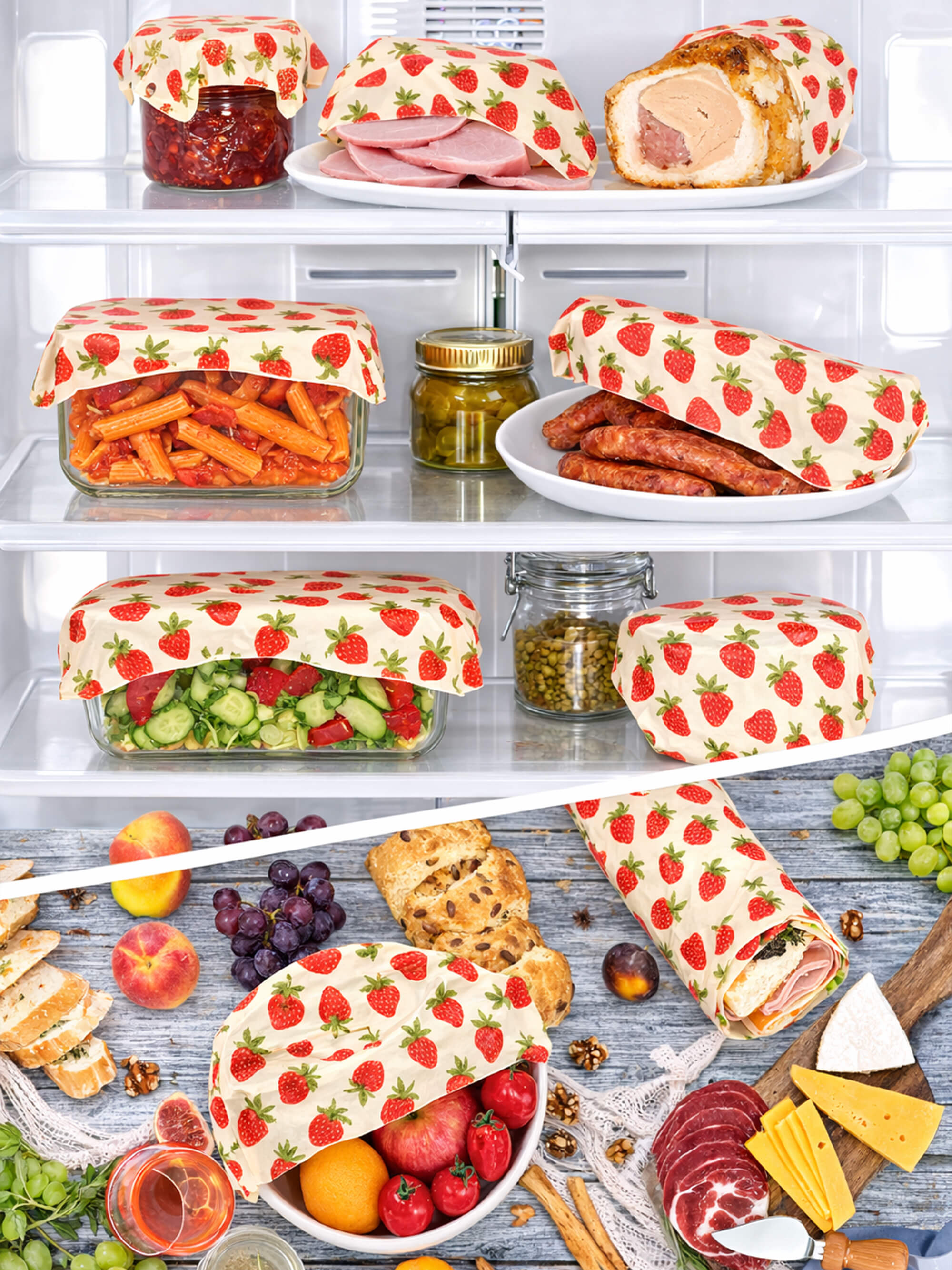 Reusable strawberry beeswax food wraps used for storing fruit and leftovers