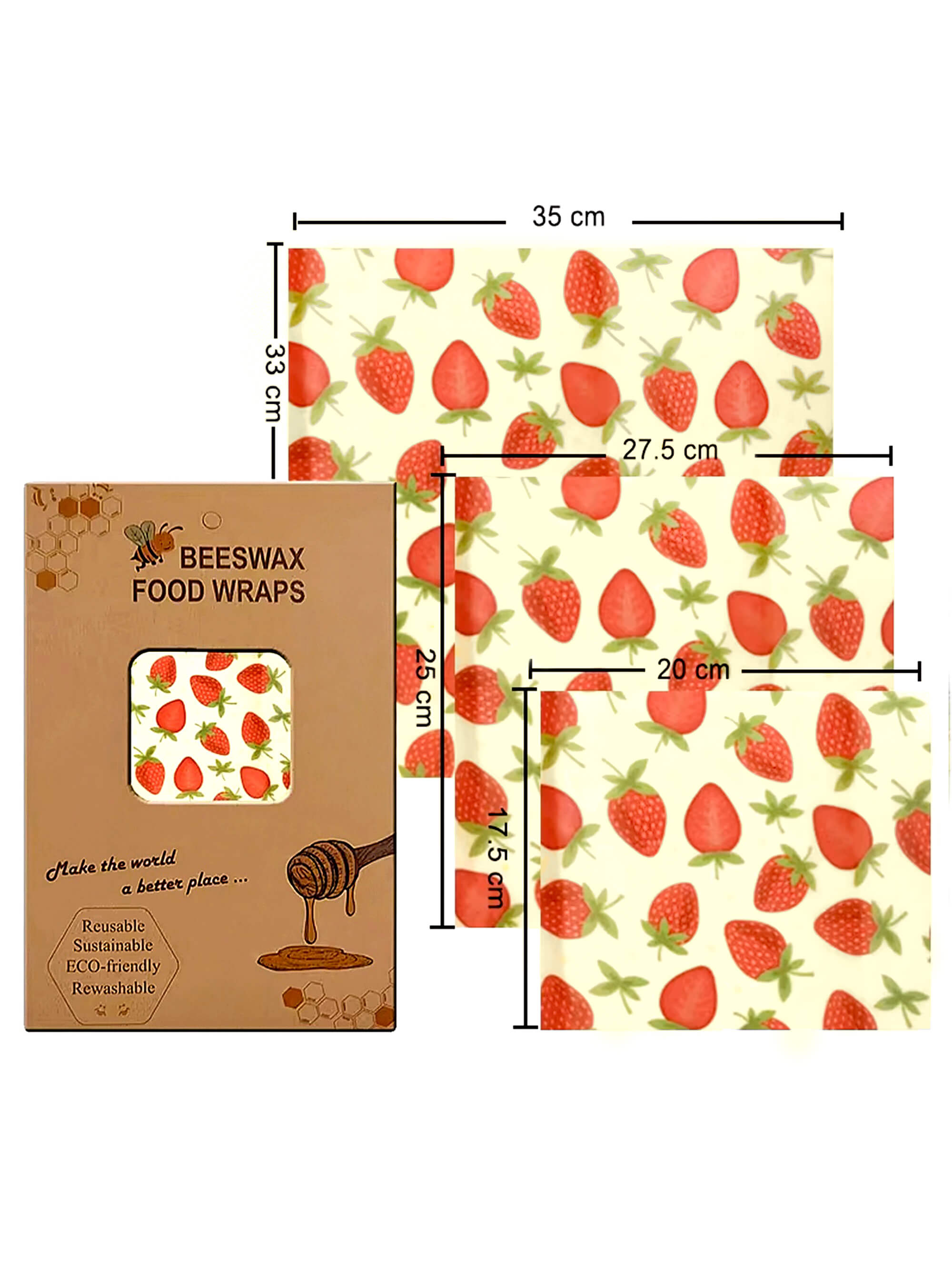 Reusable Beeswax Wrap Set - Strawberry Print (Mixed Sizes)