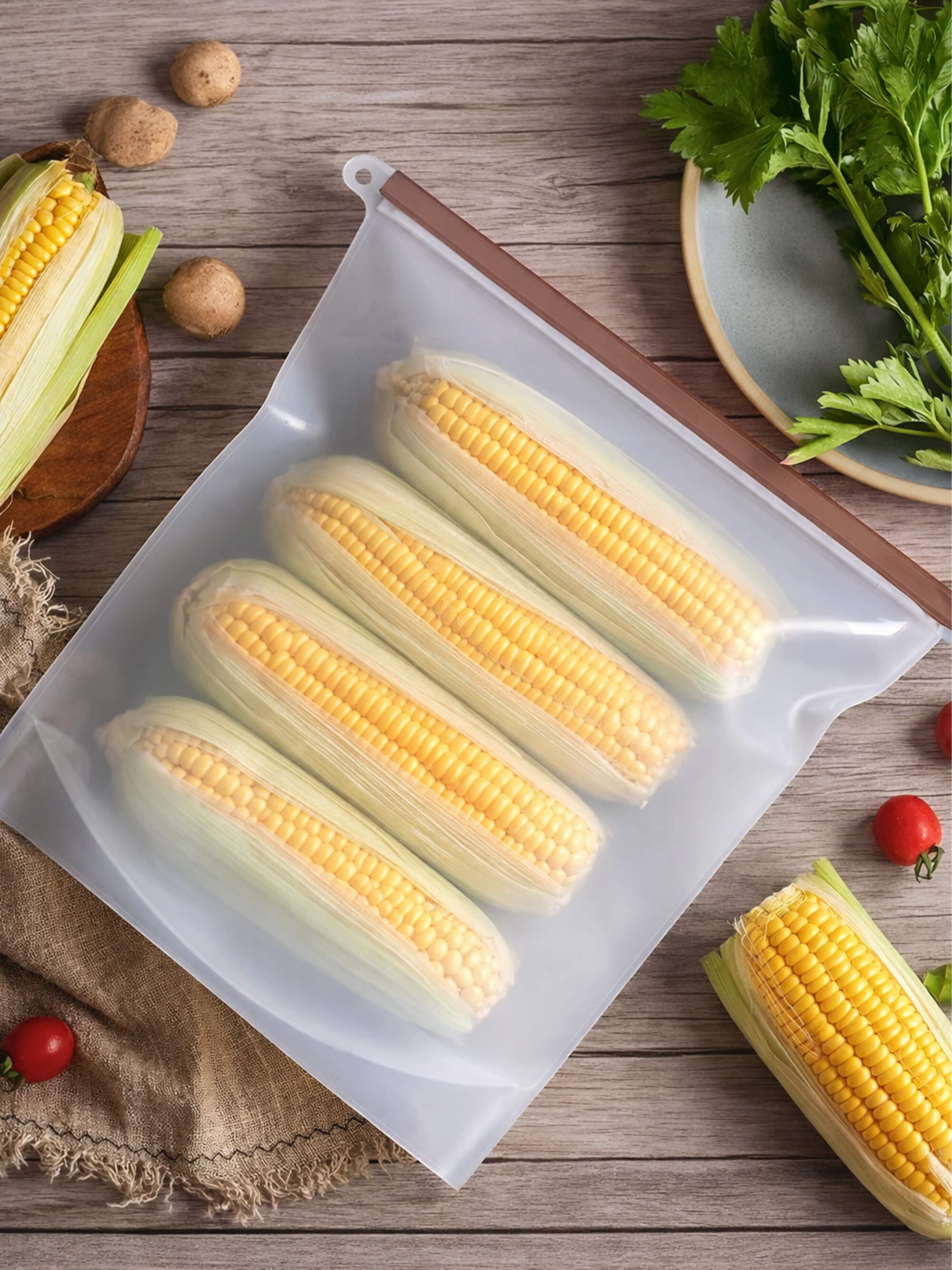 Reusable silicone freezer bag 4000ml storing sweetcorn and vegetables