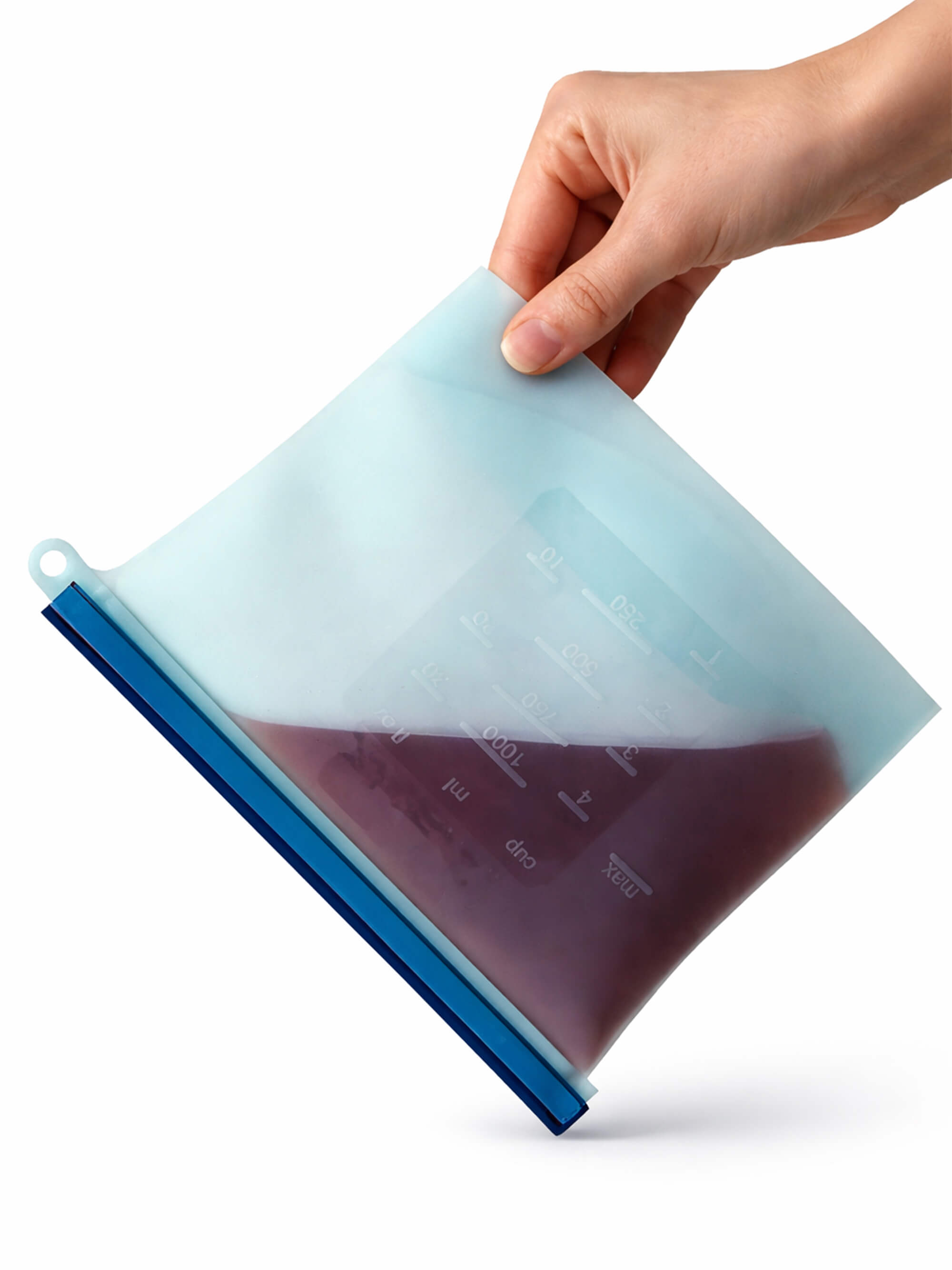 Reusable silicone freezer bag holding liquid leakproof food storage
