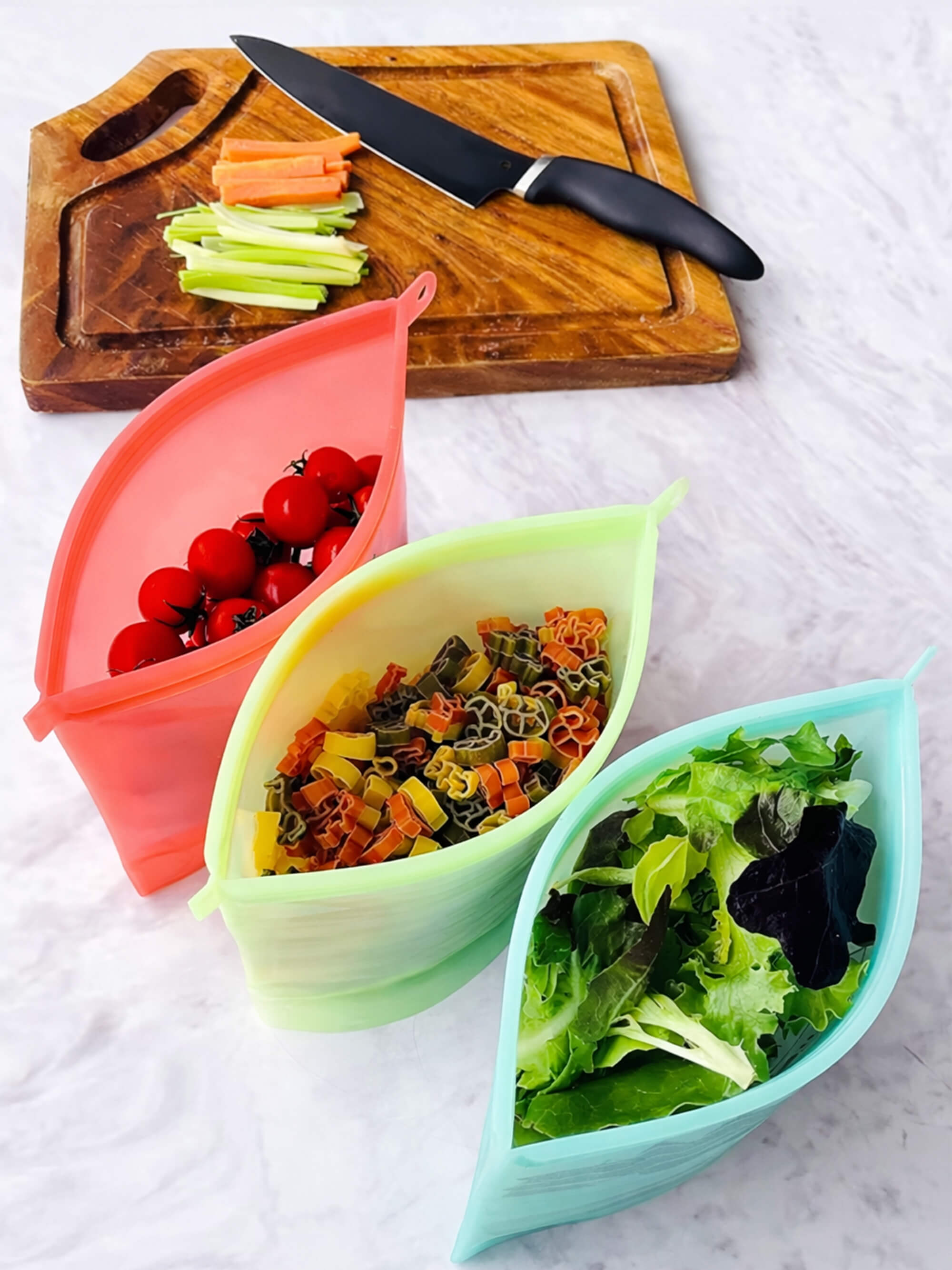 Reusable silicone freezer bags top down view showing food storage