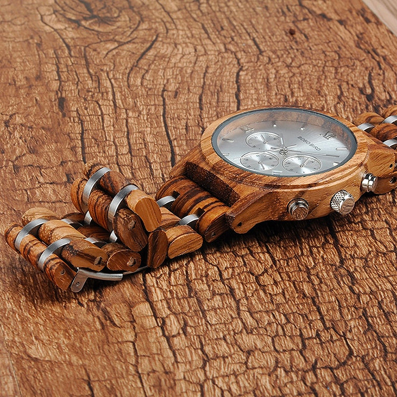 Bobo Bird Men s Luxury Wooden Quartz Watch with Chronograph silver